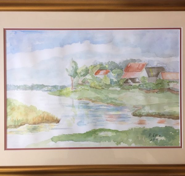 Patti Ellis Watercolor village near water