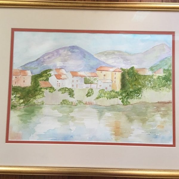 Patti Ellis Watercolor village view from water
